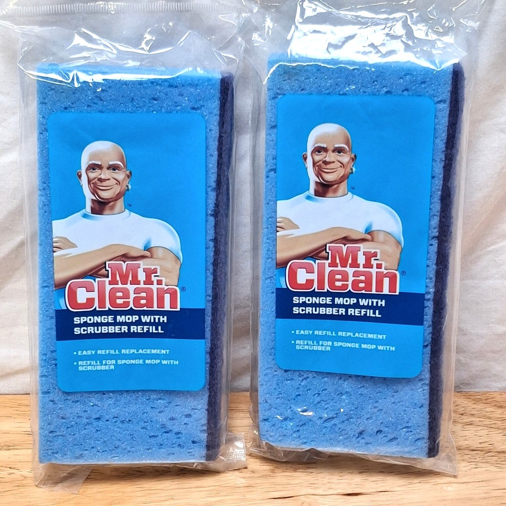 Lot of 2 Mr. Clean Blue Sponge Mop Refill Sponge with Scrubber New Replacement